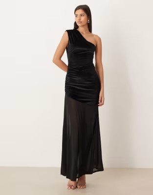 ASOS DESIGN velvet one shoulder ruched maxi dress with sheer skirt in black | ASOS | ASOS (Global)