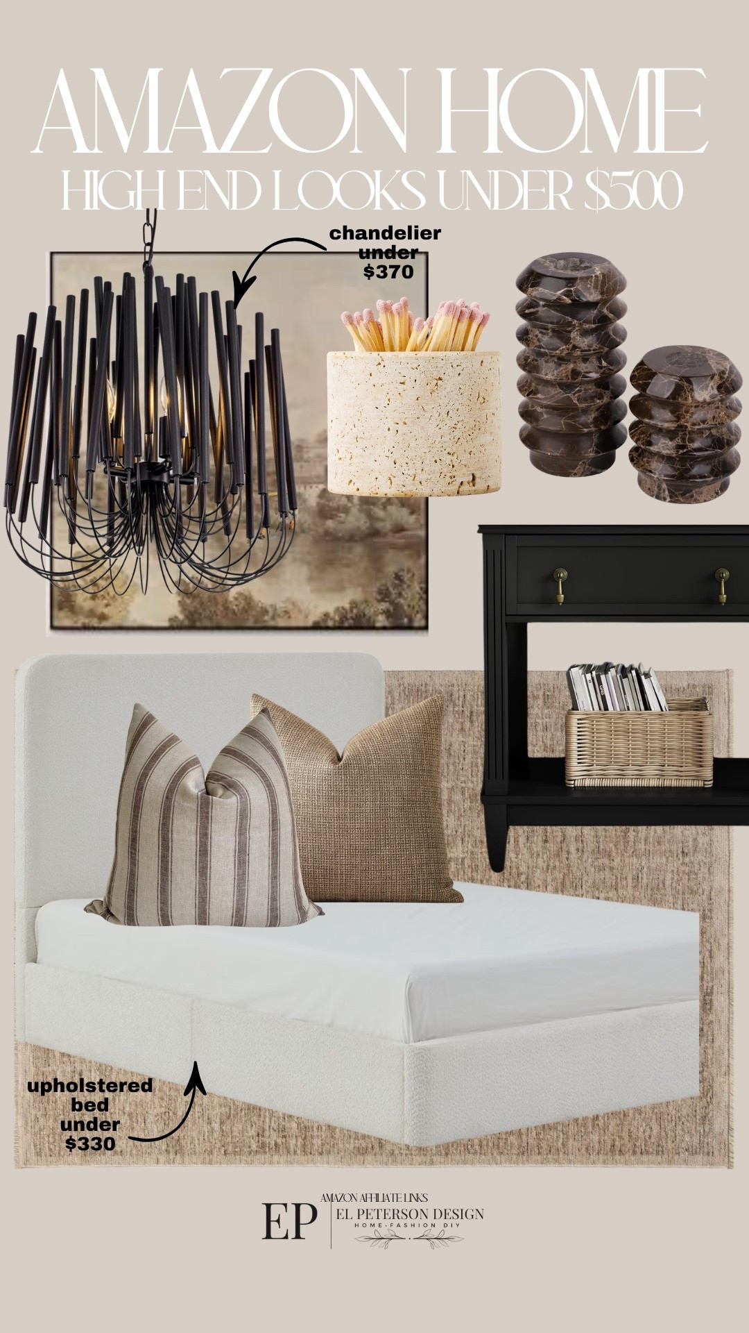 Amazon
Upholstered bed
Chandelier 
Nighstand
Candle holder
Match holder
Pillows
Artwork

#LTKHome