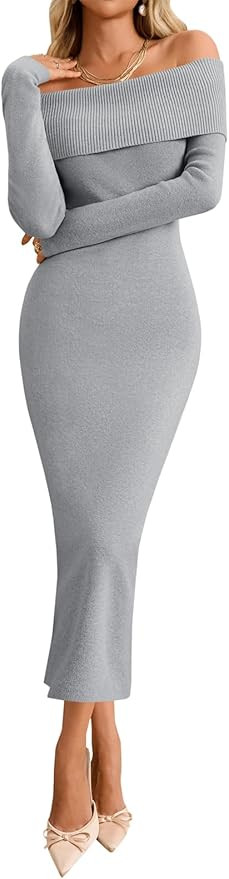 Wenrine Womens Off The Shoulder Bodycon Sweater Dress 2025 Elegant Long Sleeve Cocktail Party Mid... | Amazon (US)