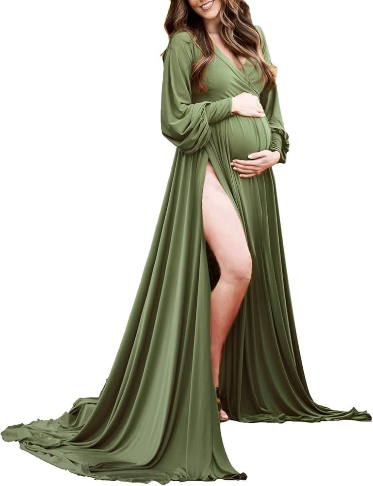 Maternity Gown Bishop Sleeves Baby Shower Dress Wrap Side Slit Sweetheart Maxi Photo Shoot for Ph... | Amazon (US)