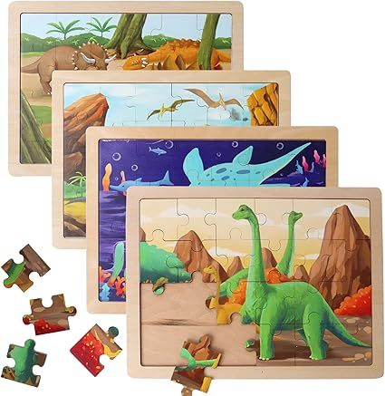 BESTAMTOY Wooden Dinosaur Puzzles for Kids Ages 3-5.4 Packs 24 PCs Jigsaw Puzzles Preschool Educa... | Amazon (US)
