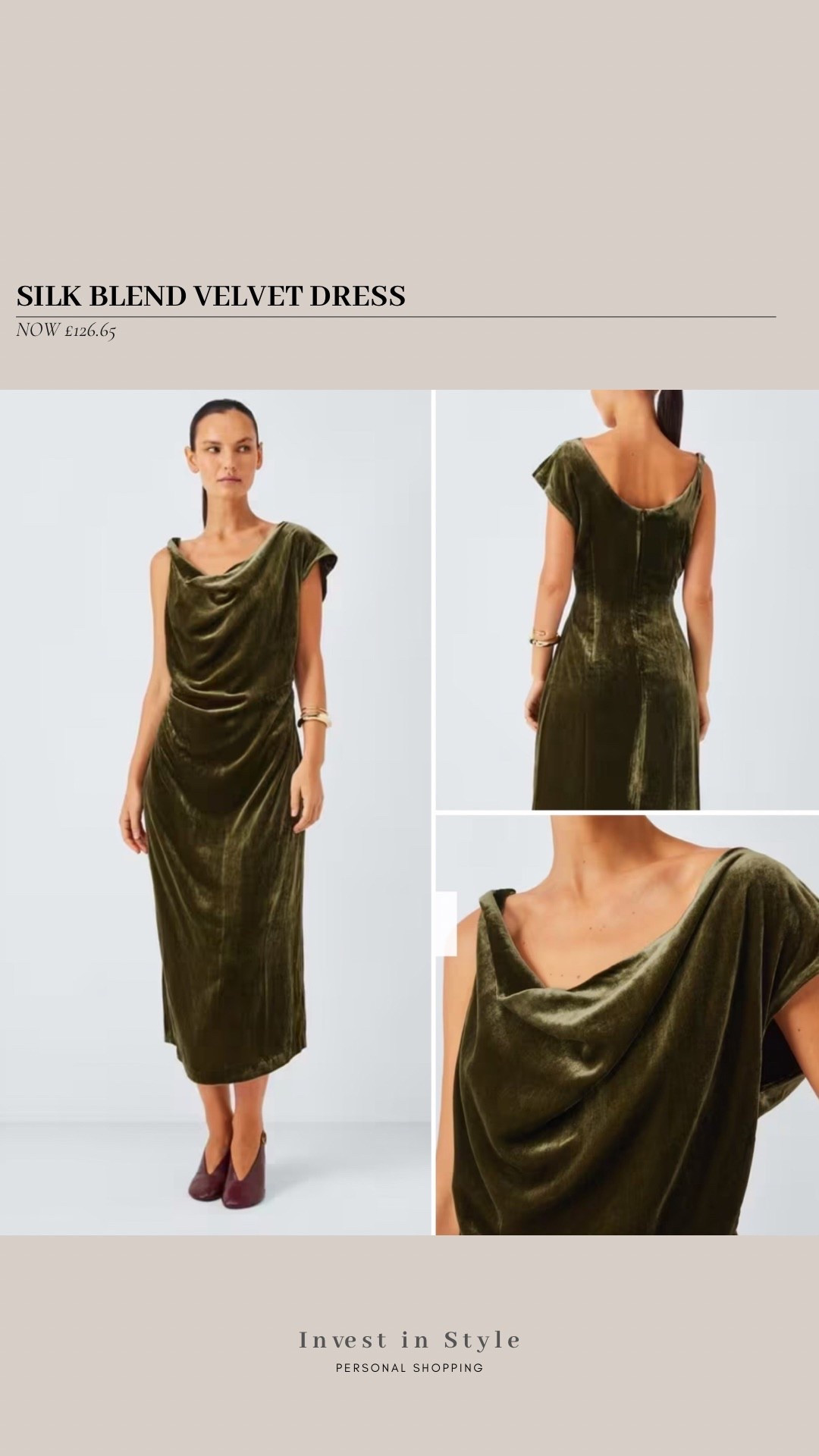 A beautiful velvet party dress 
Drapes well , looks luxe and stylish in a gorgeous olive shade. 

Some more affordable options linked below ...


#LTKdresses #LTKCyberWeek #LTKpartywear