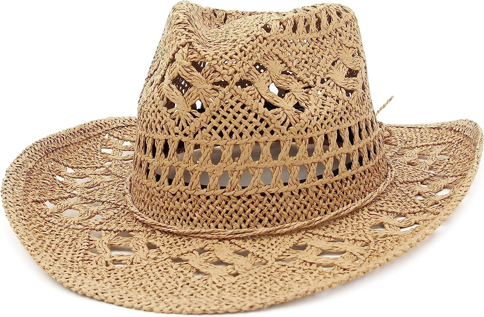 GEMVIE Men & Women's Summer Cowboy Cowgirl Straw Hat Hollow Out Style Roll Up Brim Cowboy Sun Hat | Amazon (US)