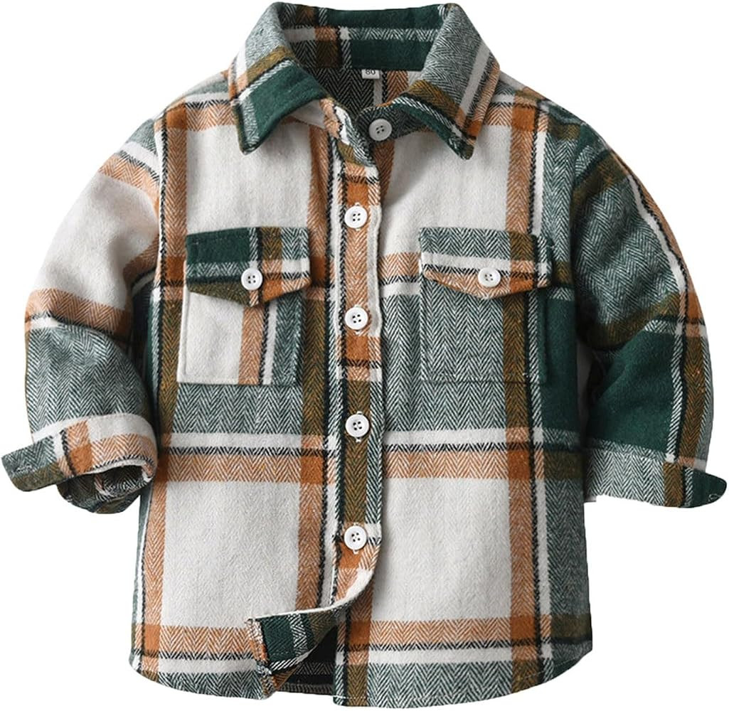 Boys Girls Flannel Plaid Shirt Jacket Long Sleeve Lapel Button Down Shirts Pocketed Regular Fit C... | Amazon (US)