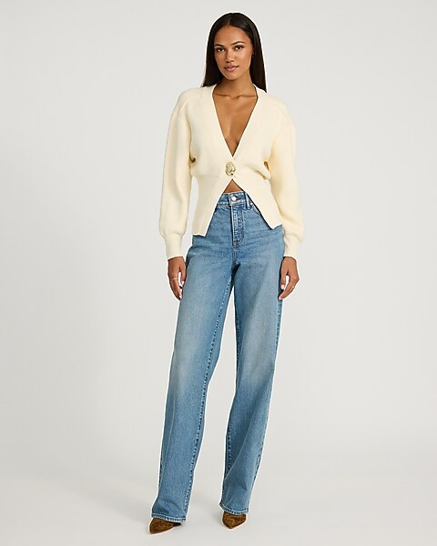 Gold Button V-Neck Banded Cardigan | Express