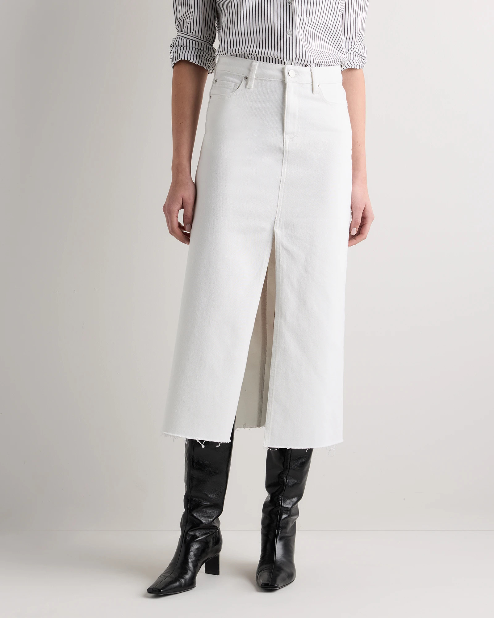 Stretch Denim 5-Pocket Midi Skirt in Ghost White | Quince