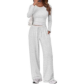 Trendy Queen Women's 2 Piece Matching Lounge Set Long Sleeve Slightly Crop Top Wide Leg Pants Cas... | Amazon (US)
