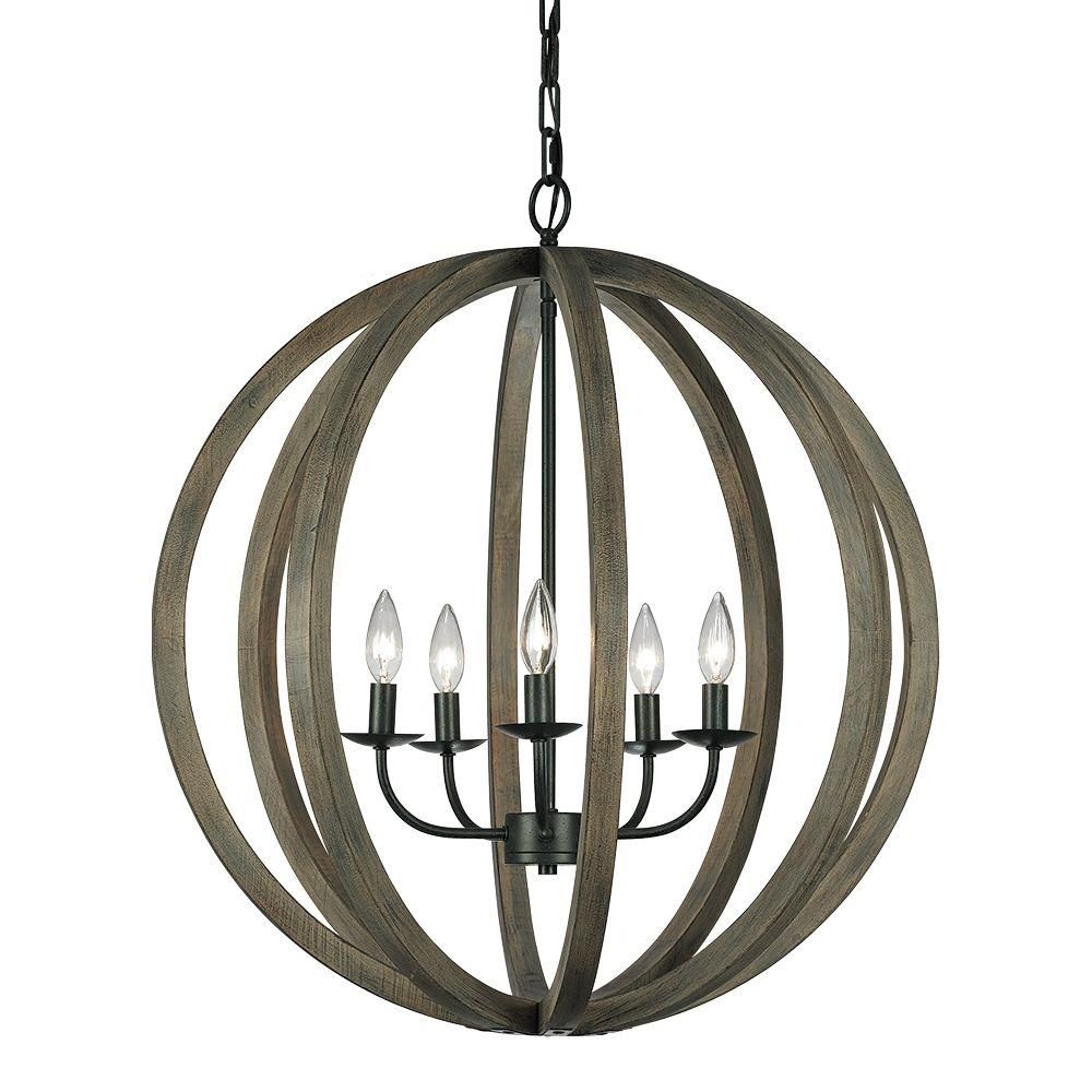 Allier 26 in. W 5-Light Weathered Oak Wood/Antique Forged Iron Orb Chandelier | The Home Depot