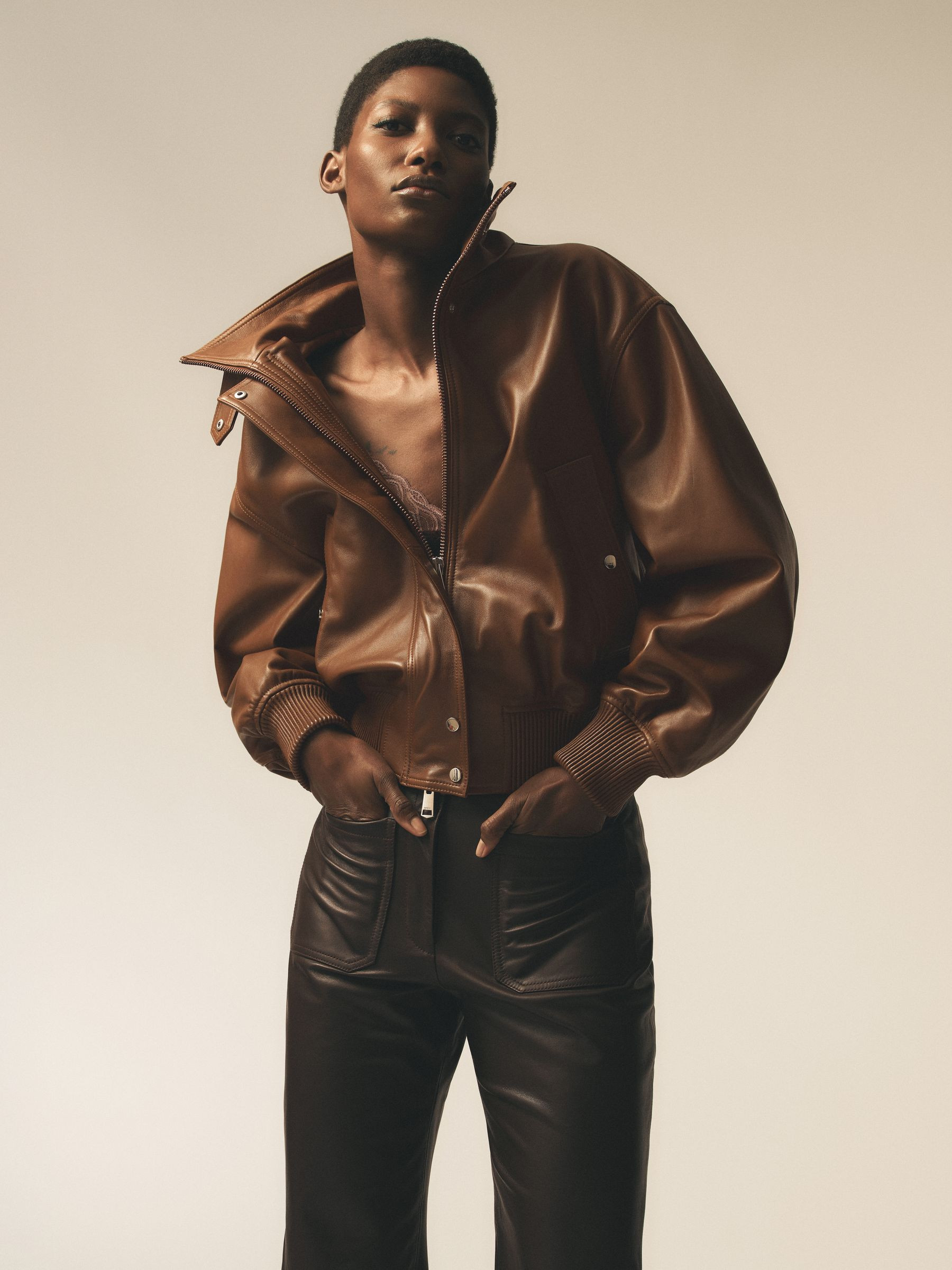 Reiss Leather Funnel-Neck Bomber Jacket in Chestnut Brown - REISS | Reiss UK