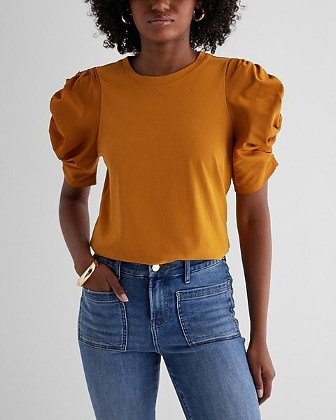 Skimming Crew Neck Poplin Ruched Puff Sleeve Tee | Express