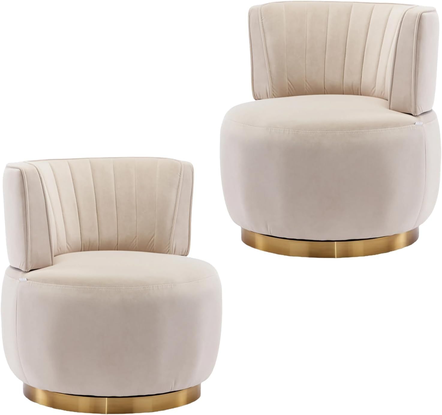 Velvet Swivel Barrel Chairs Set of 2, Upholstered 360-Degree Swivel Accent Armchair, Modern Comfy Round Leisure Sofa Chair for Small Living Room, Bedroom, Nursery Room, Lounge, Office, Beige | Amazon (US)