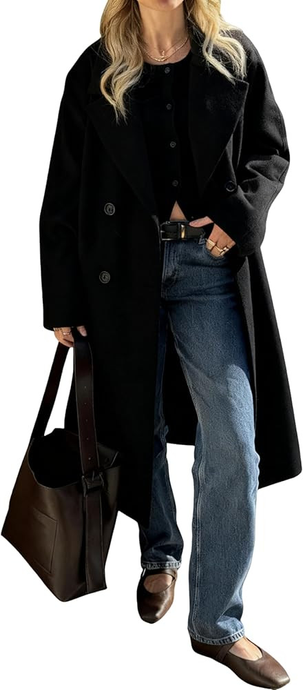 Women's Long Wool Coat Notch Lapel Double Breasted Wool Blend Winter Pea Coat | Amazon (US)