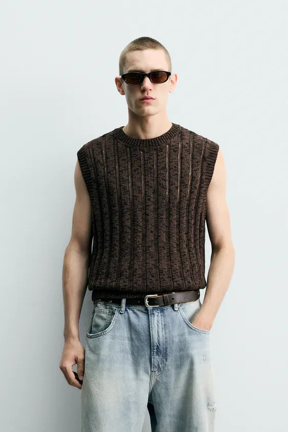 Relaxed fit tank top knit from cotton yarn. Openwork texture. Round neck and sleeveless. Ribbed trim. | Zara US