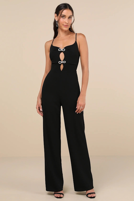 Gorgeous Favorite Black Cutout Rhinestone Bow Jumpsuit | Lulus