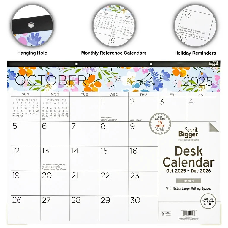 See it Bigger Large Monthly Desk Pad Calendar (17″x 22″); 15-Month, Oct 2025-Dec 2026 | Walmart (US)