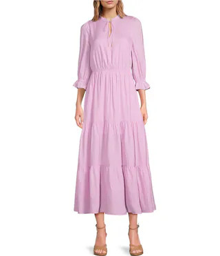 Split Tie Neck 3/4 Sleeve Tiered Ruffle Maxi Dress | Dillard's