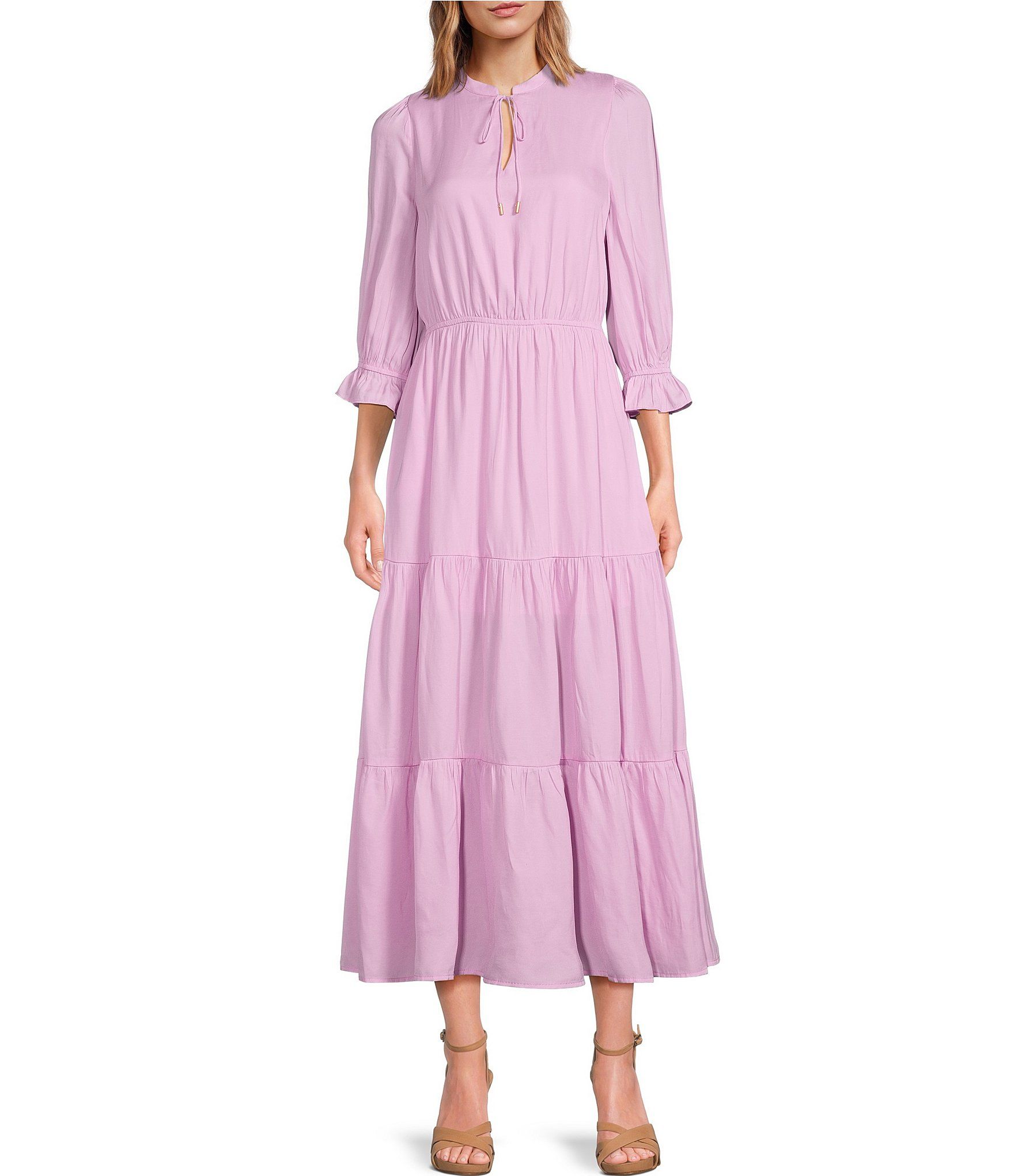 Split Tie Neck 3/4 Sleeve Tiered Ruffle Maxi Dress | Dillard's