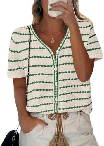 NALANISA Women's Short Sleeve Sweater Spring Summer Crochet Knit Tops 2026 V Neck Striped Button ... | Amazon (US)