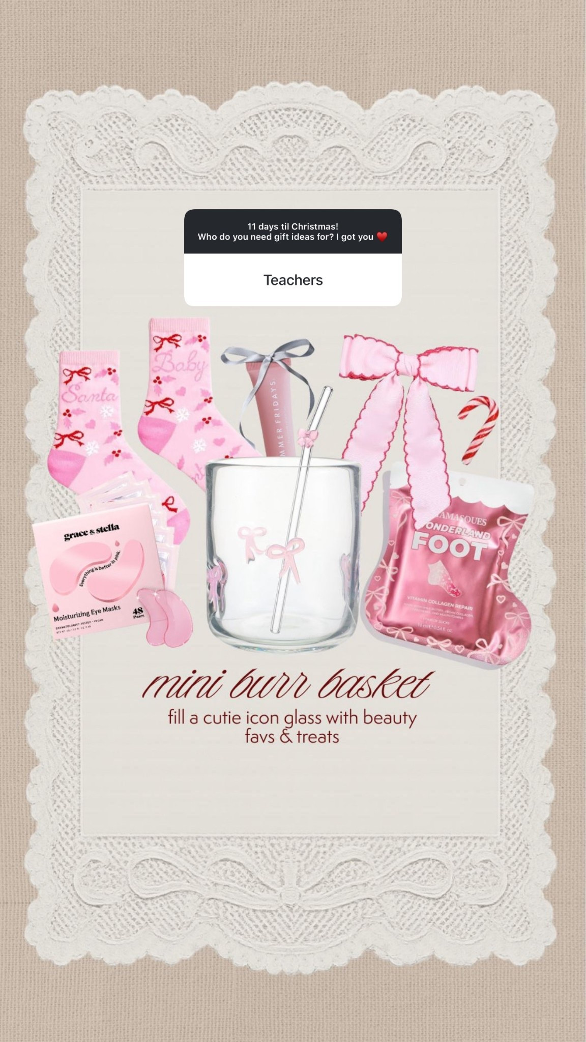 This is the cutest gift idea for teachers/just fill a cute icon glass with beauty favors and treats to spoil your favorite Teacher 🩷✨

#TeacherGift #TeacherChristmasGift #TeacherGiftIdea #BurrBaskets #MiniBearBasket #IconCup #bows #BeautyGifts #AmazonFinds #summerfridays #eyemasks

#LTKFindsUnder50 #LTKHoliday #LTKGiftGuide