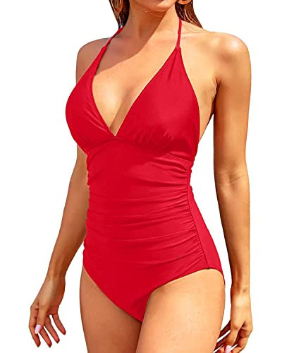 Holipick Red Women One Piece Swimsuits Tummy Control Bathing Suits Halter Swimwear Sexy V Neck Swim Suit L | Amazon (US)