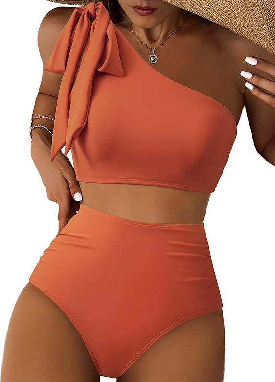 Herseas Womens Bikini Sets 2 Piece One Bow-Shoulder Swimsuit Ruched Bathing Suit | Amazon (US)