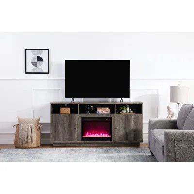 70"w Gray Fireplace Tv Stand With Heater, Multiple Led Color Choices, 3 Open Shelves, 2 Cabinets For Entertainment Area 70 - Inch Wide Console Flame C | Wayfair North America