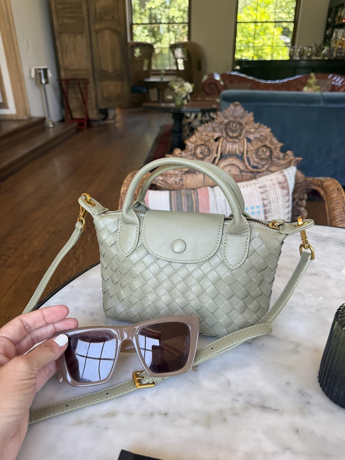 Amazon bags are getting TOO good!! 👏 This woven mini bag in the prettiest color with gold details is such a fun find. And the sunglasses?! LOVE this combo!

Amazon handbag, woven mini bag, sage green purse, Amazon fashion, crossbody bag, designer inspired bag, gold hardware, Amazon sunglasses, everyday accessories, affordable handbags, Amazon finds, JulieFranks