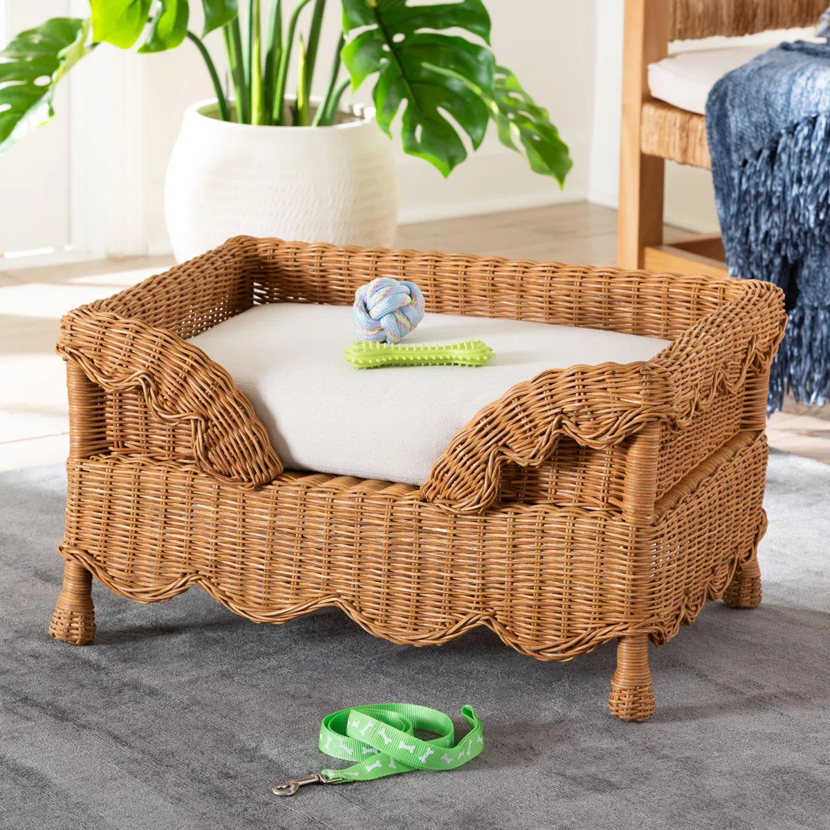 Bali & Pari Papina Natural Rattan Pet Bed With Scalloped Sides - Handwoven Wicker Enclosed Lounge... | Wayfair North America