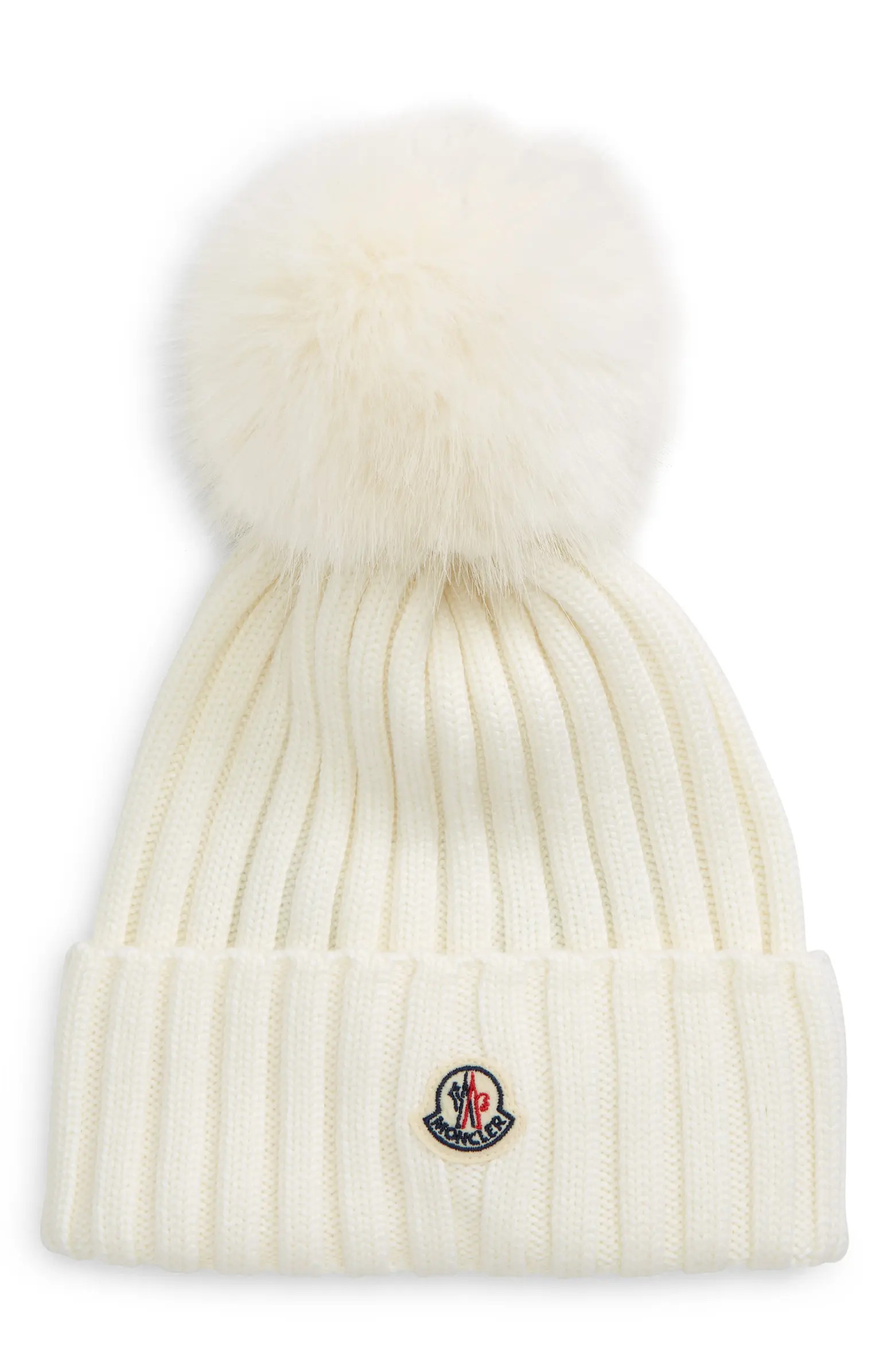 Moncler Wool Rib Beanie with Faux Fur Pompom | Nordstrom | Nordstrom