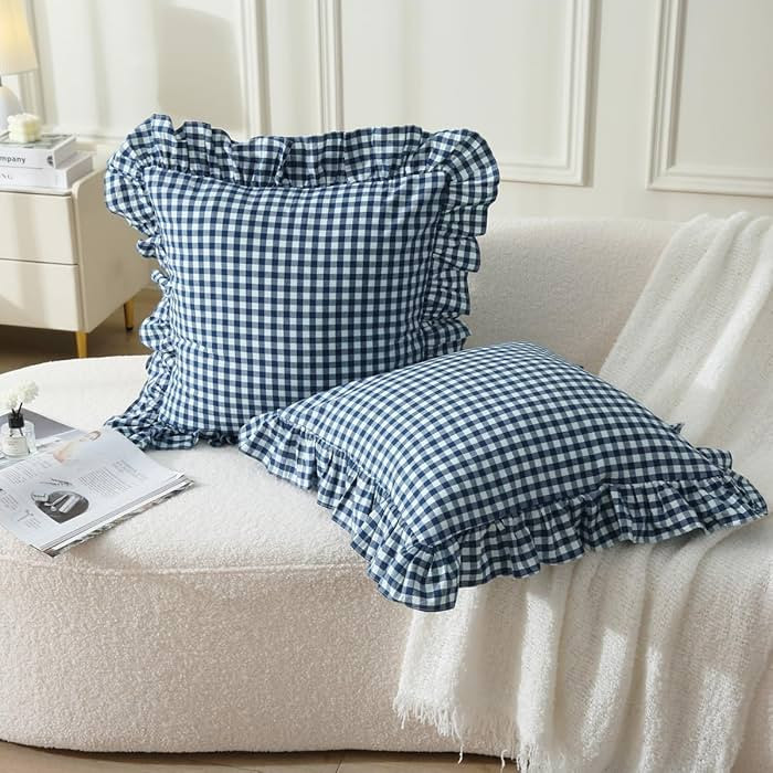 2 Pack Navy Blue/White Plaid Ruffle Throw Pillow Covers Shabby Checkered Chic Washed Cotton Gingh... | Amazon (US)