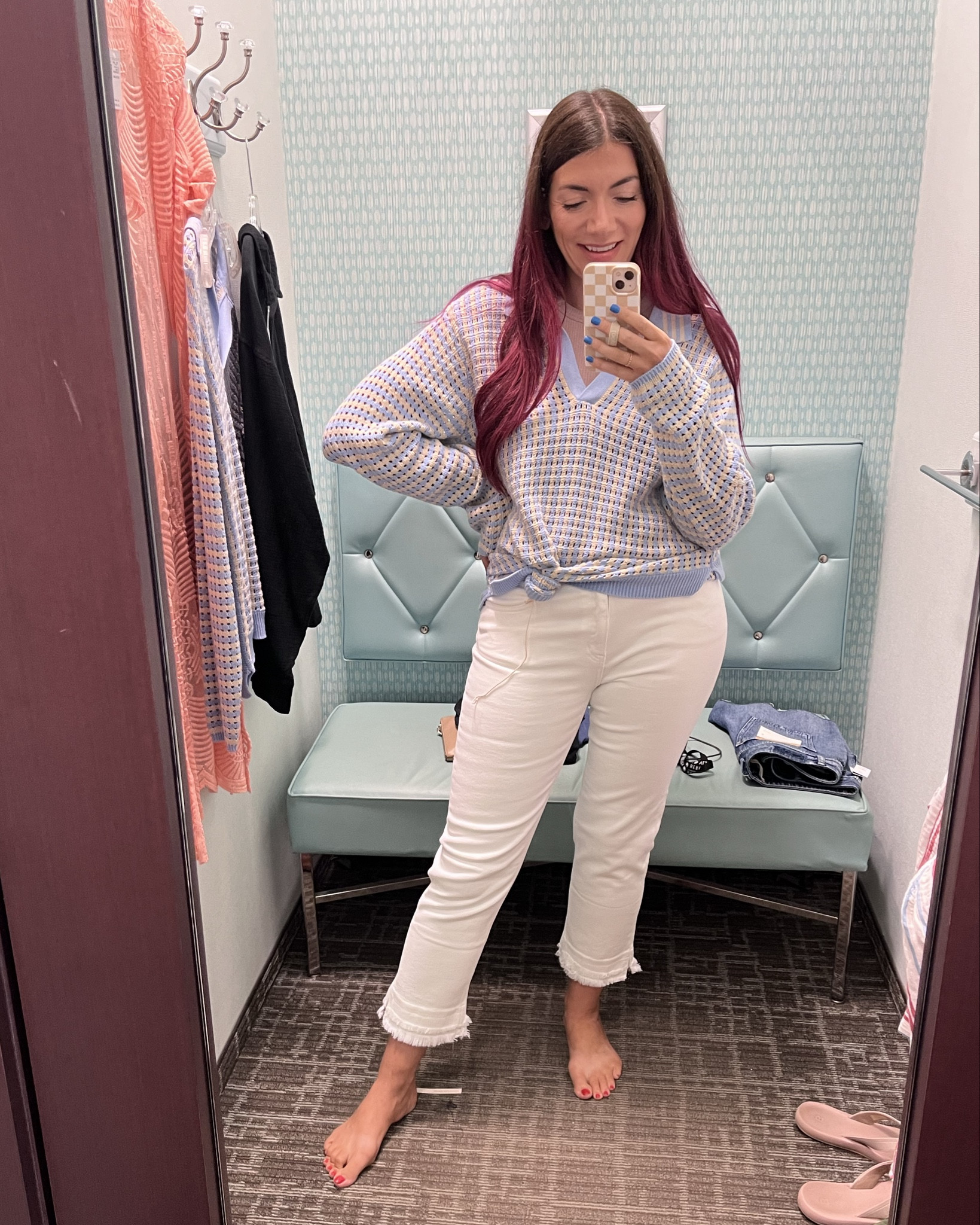 Love the boat/yacht vibe with this outfit! White jeans pair super well with this blue & cream striped knit 🧶 perfect for a cool night on the water! 

#LTKcanada #LTKsale #LTKsummer