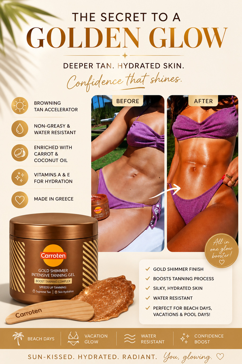 ☀️✨ The Secret to a Golden, Beach-Vacation Glow! ✨☀️

If you're chasing that sun-kissed, bronzed skin look without spending hours at the beach, this viral Carroten Gold Shimmer Tanning Gel is a summer must-have. Infused with nourishing carrot and coconut oils plus Vitamins A & E, this tanning accelerator helps promote a deeper-looking tan while leaving skin hydrated, soft, and glowing with a beautiful gold shimmer finish.

Perfect for pool days, beach vacations, lake weekends, tropical getaways, and everyday summer glow goals. The non-greasy, water-resistant formula applies easily and leaves skin looking radiant and luminous.

✨ Gold shimmer finish
✨ Non-greasy formula
✨ Water-resistant
✨ Hydrates with Vitamins A & E
✨ Made in Greece
✨ Includes applicator spatula

Whether you're heading to the beach, relaxing poolside, or preparing for your next vacation, this bestselling tanning gel is one of my favorite summer beauty finds!

#SummerGlow #TanningGel #Carroten #BronzedSkin #BeachVacationEssentials #SummerBeauty #GoldenTan #VacationMustHaves #PoolDayEssentials #AmazonFinds

 

 #LTKselfcare #LTKBeauty #LTKTravel