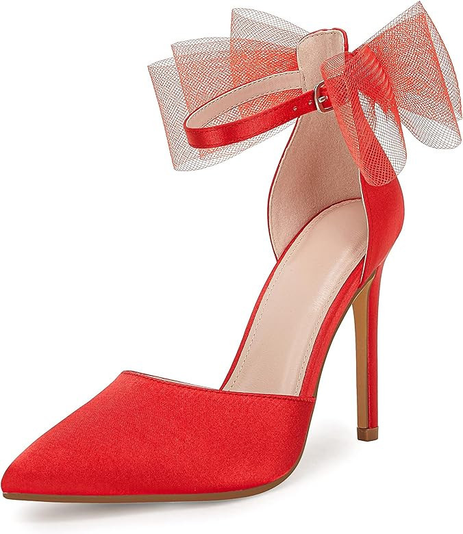 Coutgo Women's Closed Pointed Toe High Heels with Bow Knot Ankle Strap Satin Stiletto Pumps | Amazon (US)