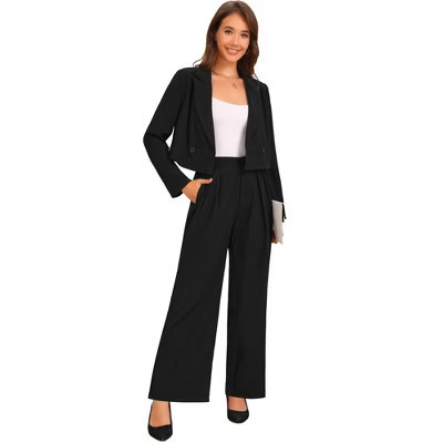 INSPIRE CHIC Women's Business Casual Outfit Notched Lapel Crop Jacket Wide Leg Pant Work Suits 2-Piece-Set Black Small | Target