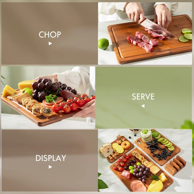 Astercook 4-Pieces Wood Cutting Board, Bamboo Chopping Board for Kitchen with Holder, Cutting Boa... | Walmart (US)