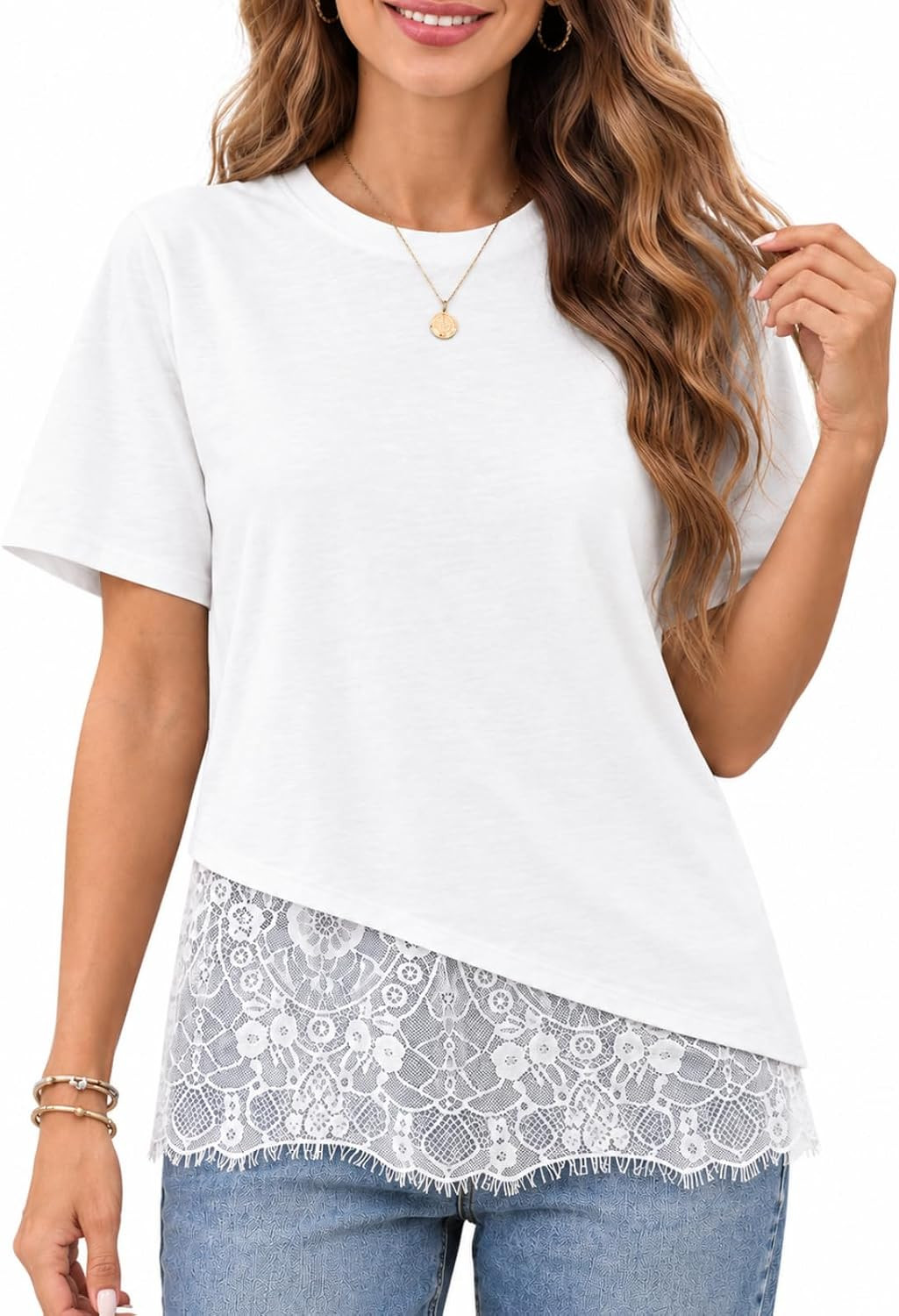 Women's Lace Hem Patchwork Tops Loose Fit Tee Asymmetrical T Shirt | Amazon (US)