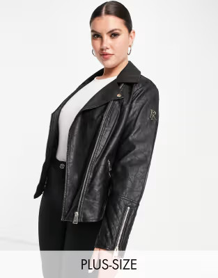 River Island Plus branded faux leather biker jacket in black | ASOS (Global)
