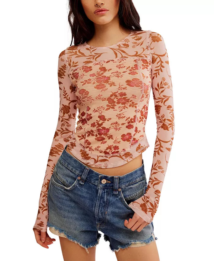 Free People Women's Bettys Garden Long-Sleeve Mesh Top - Macy's | Macy's