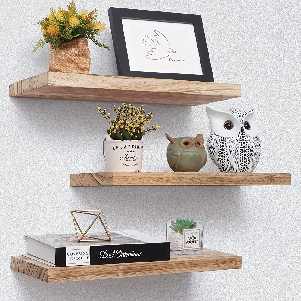 Floating Shelves, 17 Inch Wall Shelf Set of 3, Rustic Wood Shelves for Wall Storage, Wall Mounted... | Amazon (US)