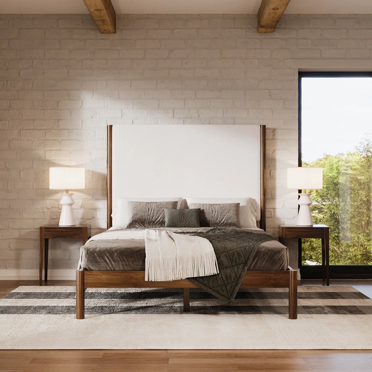Ardin Queen Tall Boucle Headboard Solid Wood Bed | Wayfair North America