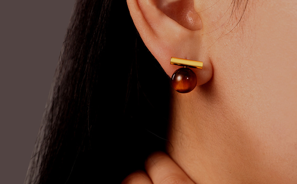 Vintage Tiger Eye Stud Earrings for Women, Minimalist 14K Gold-Plated Copper Brown Drop Dangle Ea... | Amazon (US)