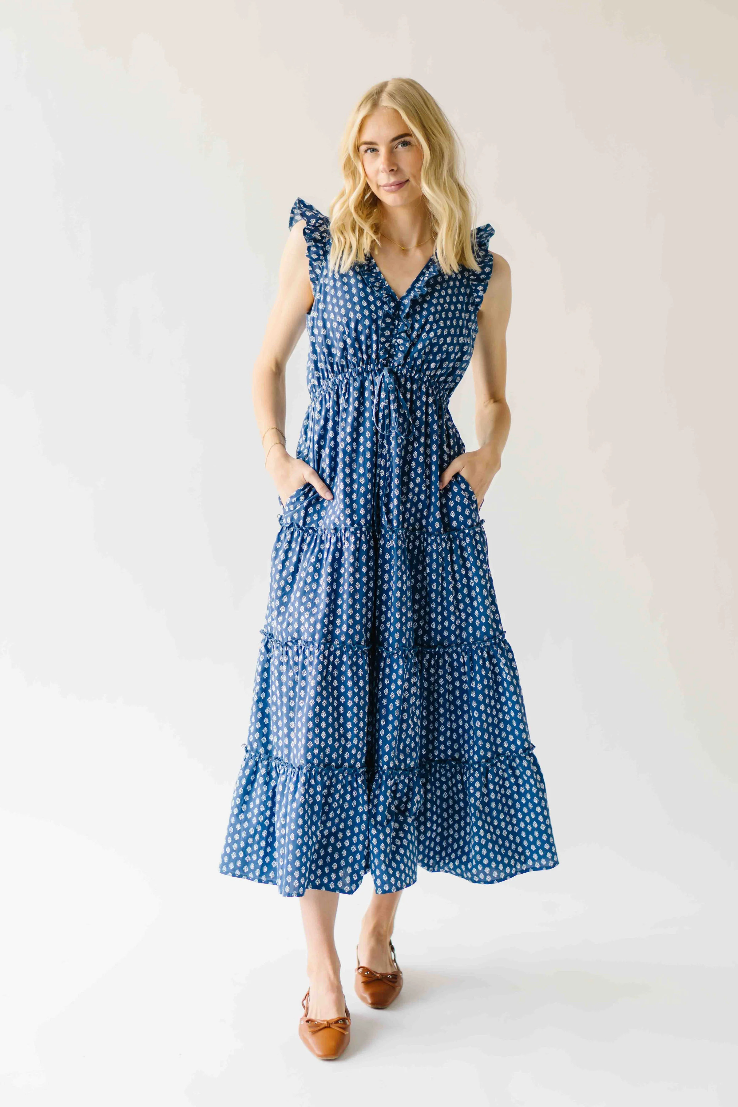 The Bello Tiered Ruffle Detail Midi Dress in Indigo | Piper & Scoot