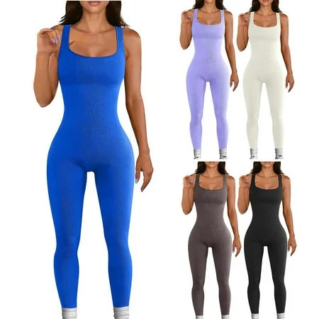 Elainilye Fashion Womens Bodysuit Yoga Rompers Ribbed Bodysuit for Women Sleeveless Shapewear Sexy Body Sculpting Black | Walmart (US)