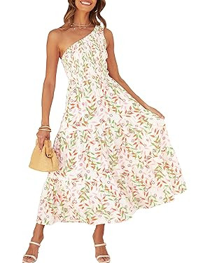 ZESICA Women's 2024 Bohemian Summer Floral Print One Shoulder Sleeveless Smocked Ruffle Tiered Be... | Amazon (US)