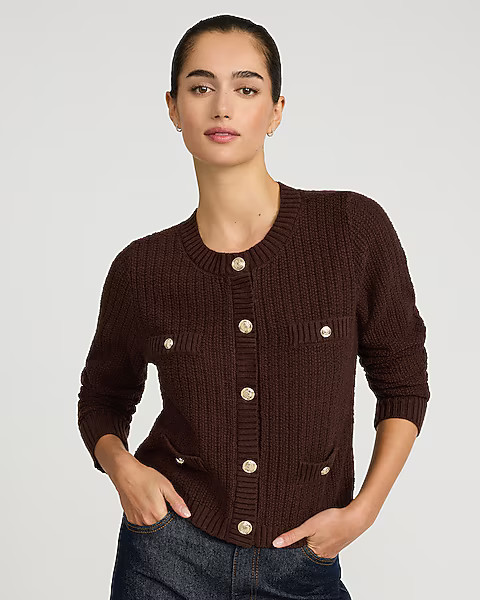 Textured Crew Neck Novelty Button Cardigan | Express
