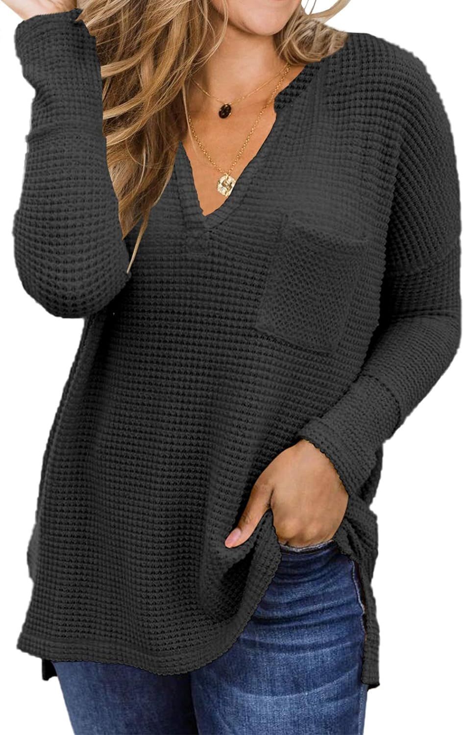 EFAN Women's Waffle Knit Fall Oversized Sweater V Neck Pullover Long Sleeve Loose Warm Shirt Tops... | Amazon (US)