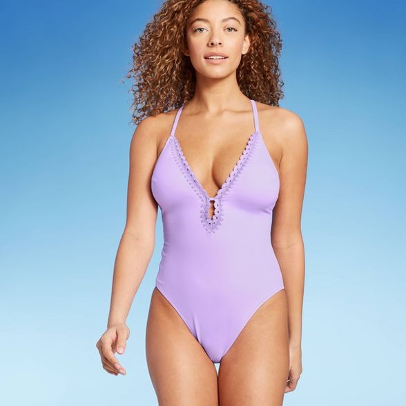 Women's Plunge Front Crochet Trim One Piece Swimsuit - Shade & Shore™ Lavender Purple | Target