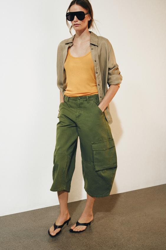 Zara - Zw Collection Mid-Rise Cargo Capri Jeans - Khaki - 30 (Us 10) - Woman | Zara US