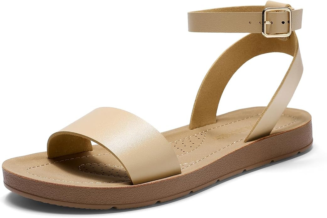 DREAM PAIRS Women’s One Band Ankle Strap Buckle Flat Sandals | Amazon (US)