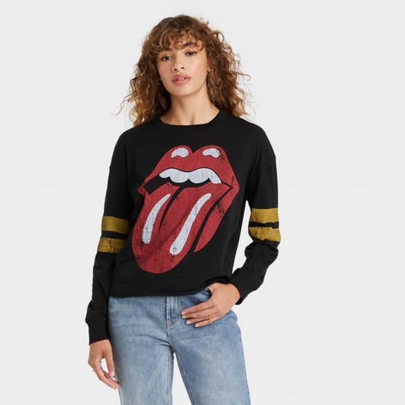 Women's The Rolling Stones Varsity Long Sleeve Graphic T-Shirt - Black | Target